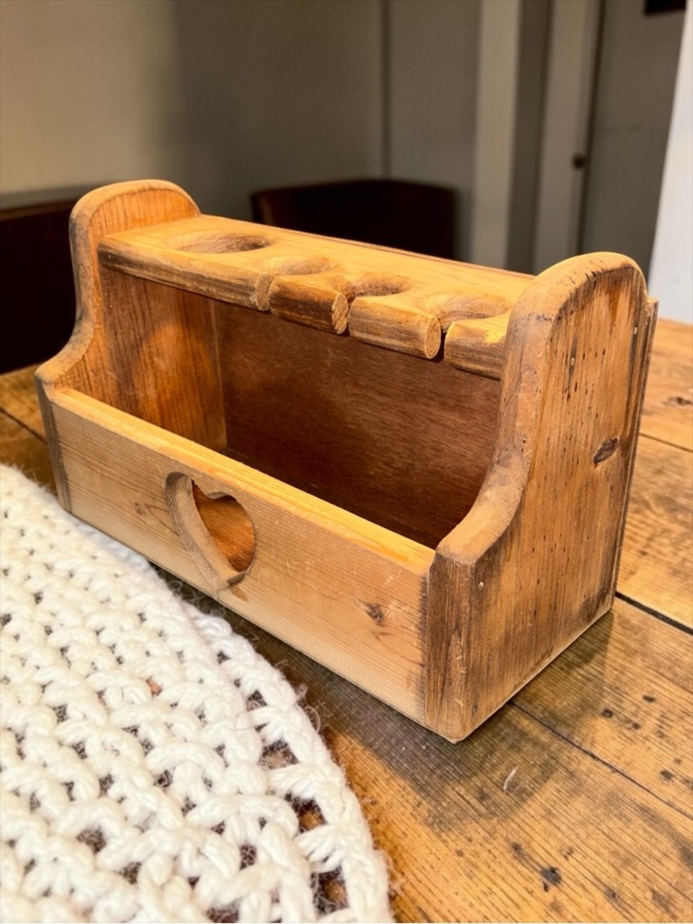 Vintage Rustic Wood Caddy W/ Heart Cutout Hair Tool Organizer Kitchen Utensils